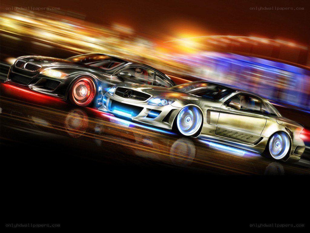 High-speed car race at night