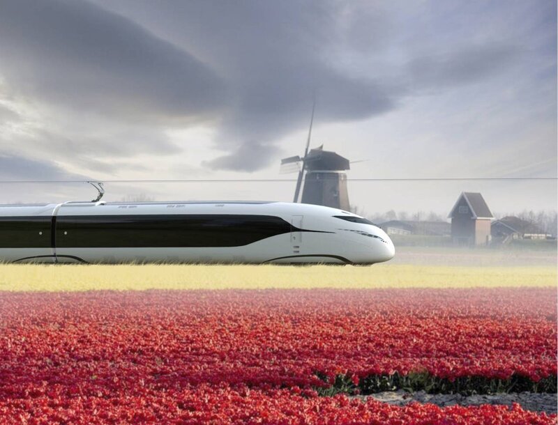 High-speed train in tulip fields