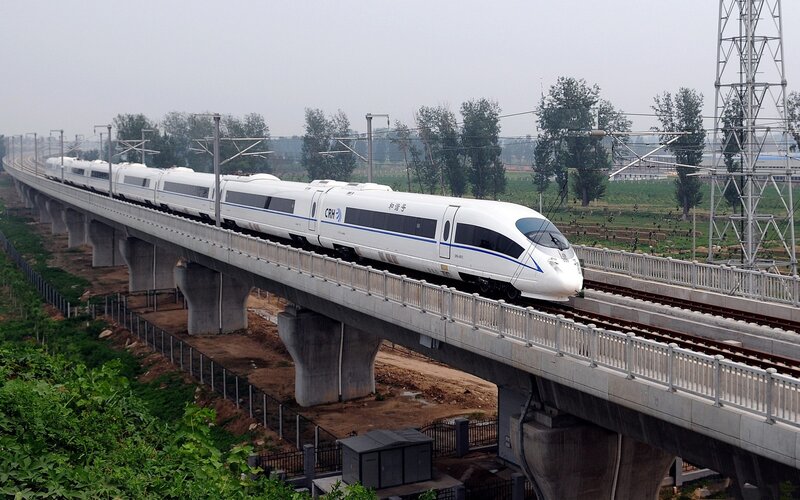 High-speed train on elevated track