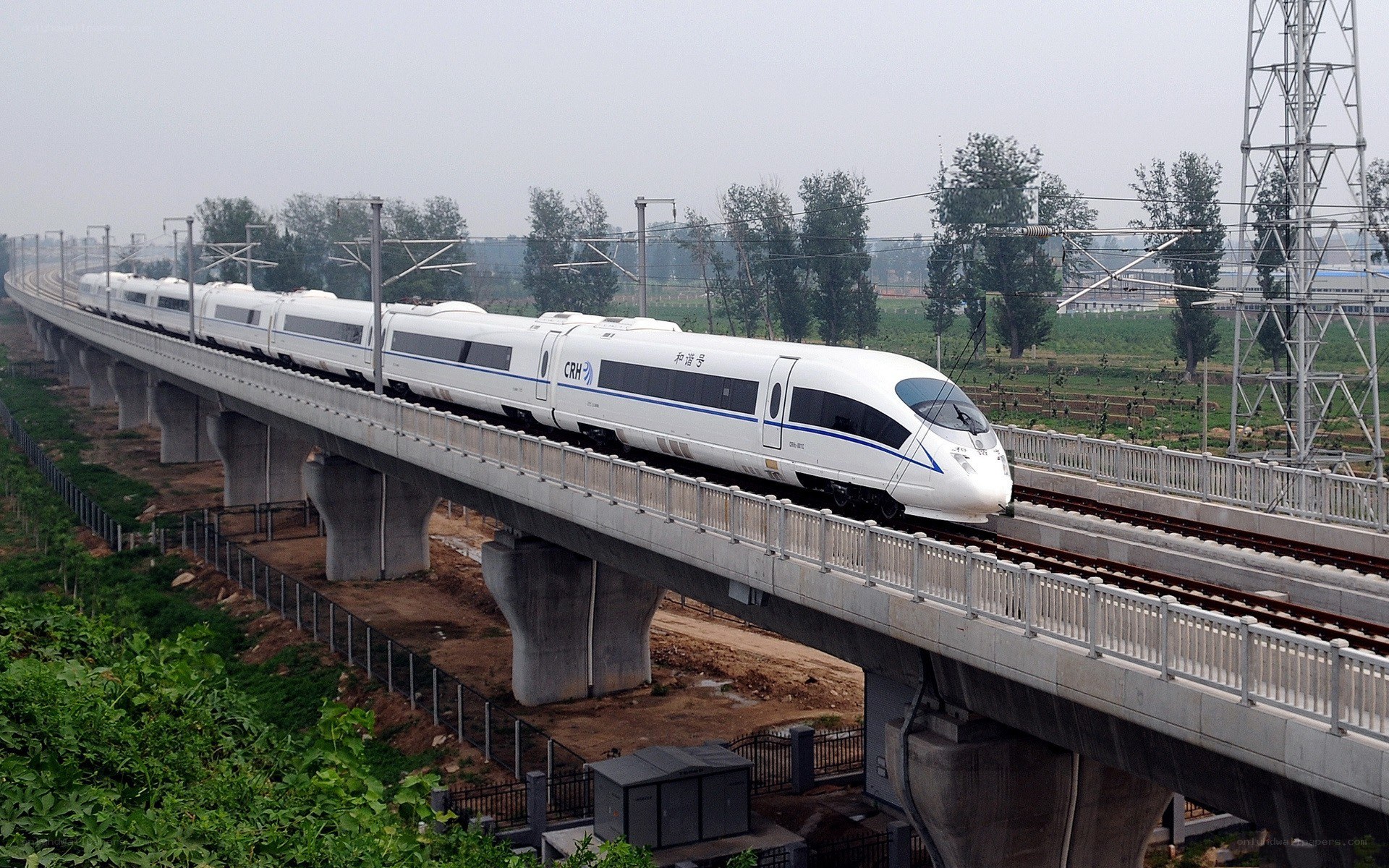 High-speed train on elevated track