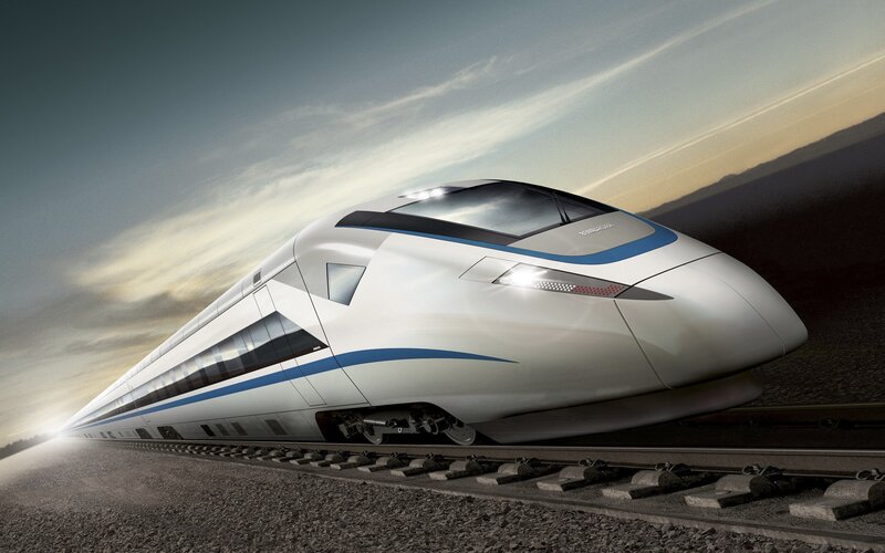High-speed Train — White, Dynamic, Sunset, 3d Render, Train Tracks, Sky