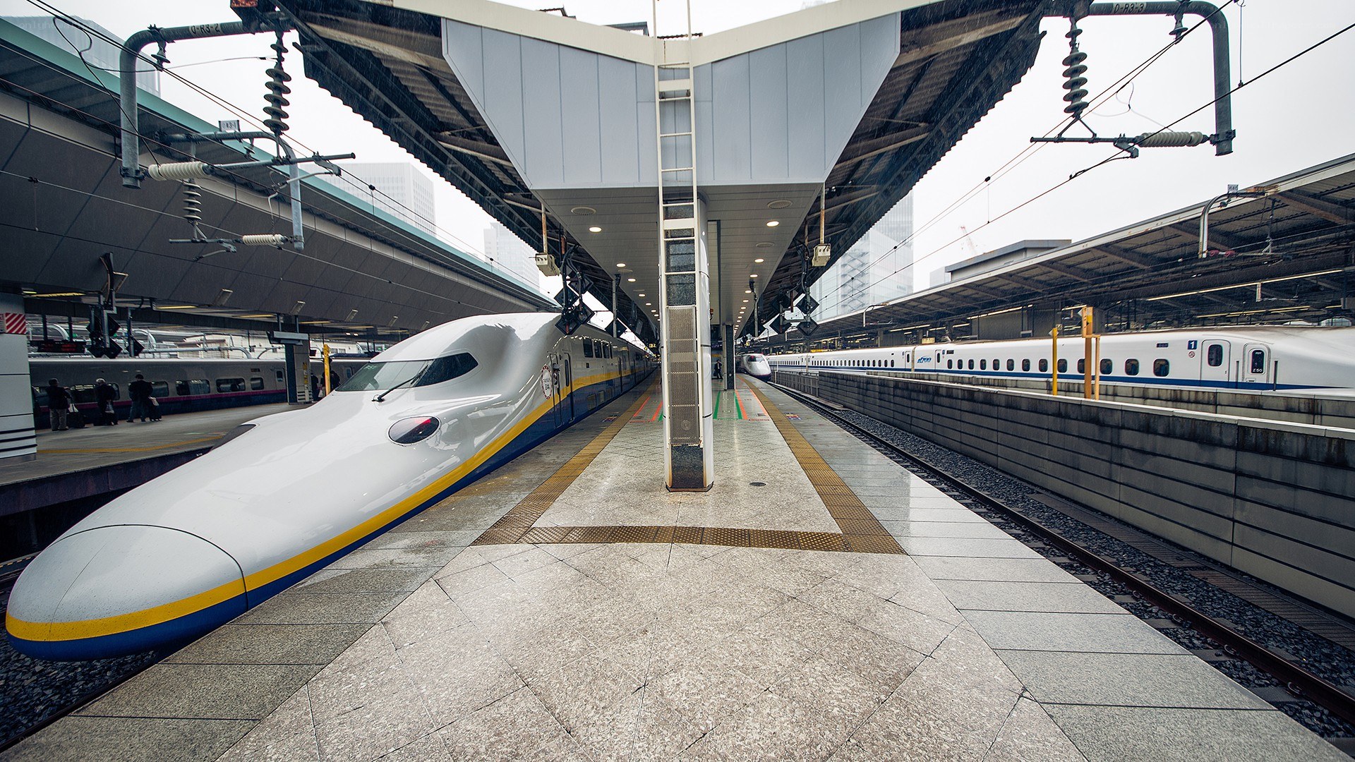 High-speed trains at a station