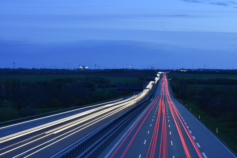 Highway at Dusk — Blue, Calm, Night, Photograph, Lights