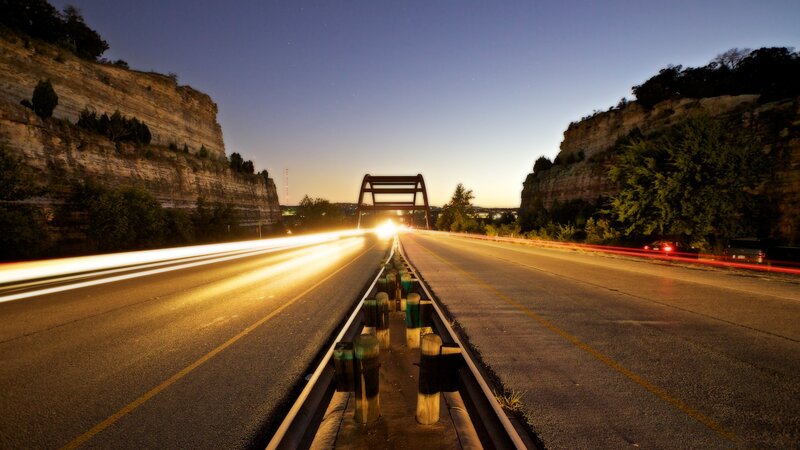 Highway at Dusk — Blue, Dramatic, Night, Photograph, Bridge, Cliffs, Car Lights