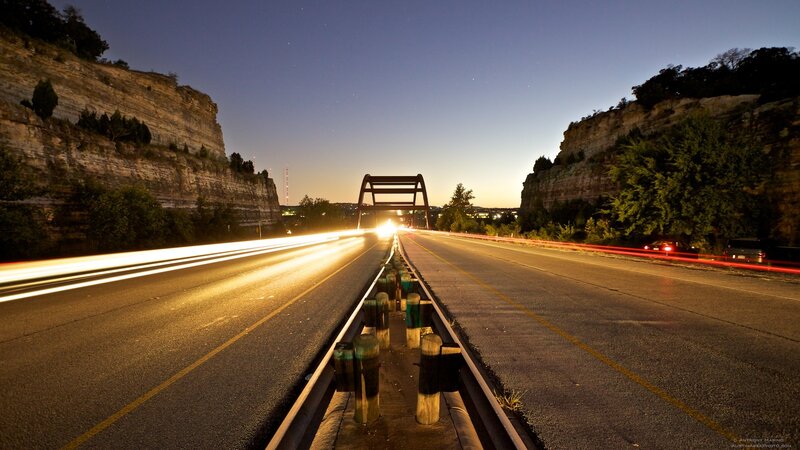 Highway at Dusk — Blue, Dramatic, Night, Photograph, Bridge