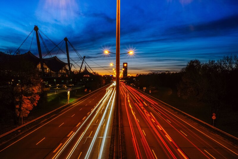 Highway at Dusk — Blue, Dramatic, Night, Photograph, Light Trails