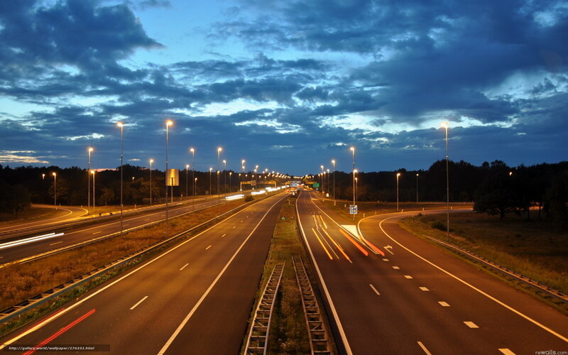 Highway at Dusk — Blue, Dramatic, Night, Photograph, Streetlights