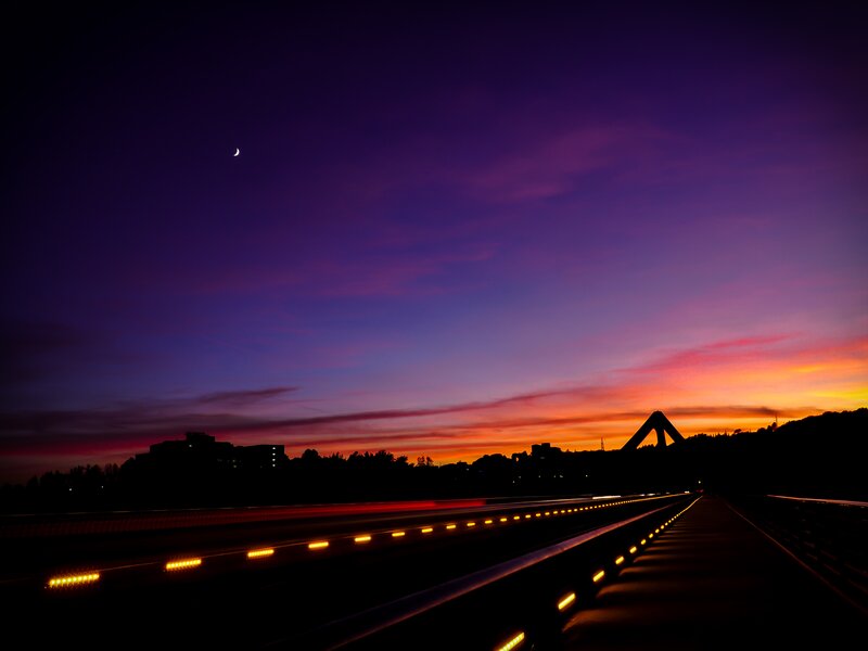 Highway at Dusk — Purple, Dramatic, Sunset, Photograph, Moon