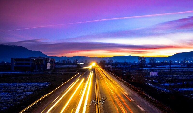 Highway at Dusk — Purple, Dramatic, Sunset, Photograph, Mountains