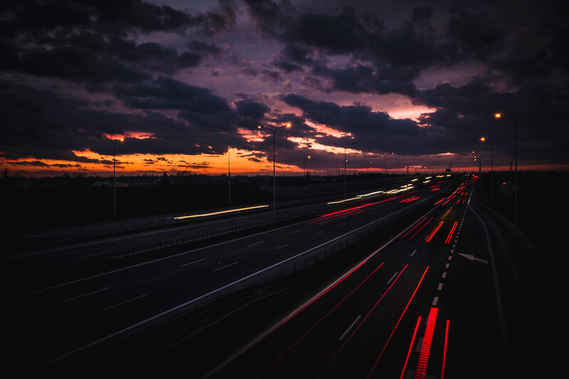 Highway at Dusk — Purple, Dramatic, Sunset, Photograph
