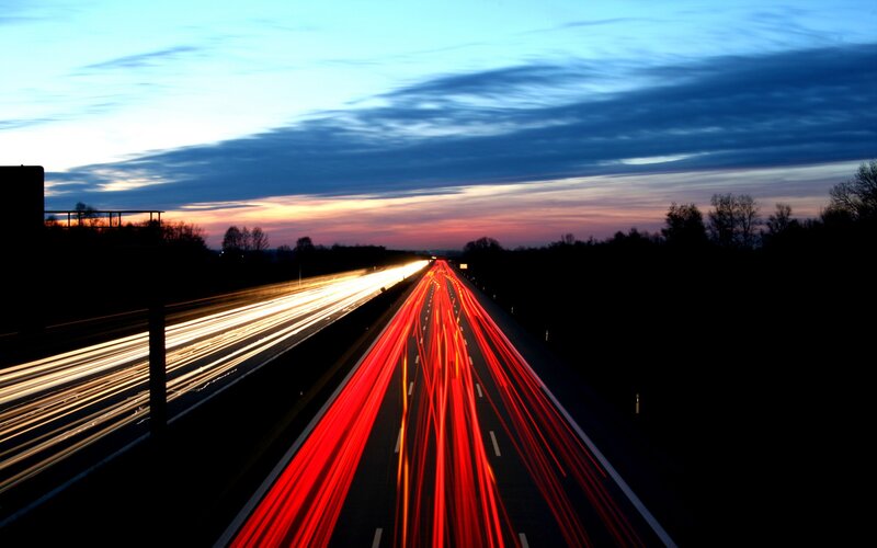 Highway at Dusk — Red, Dramatic, Sunset, Photograph, Cars