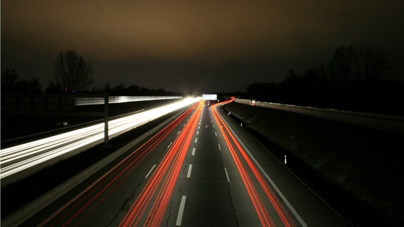 Highway at Night — Black, Dark, Photograph, Car Lights, Road, Trees