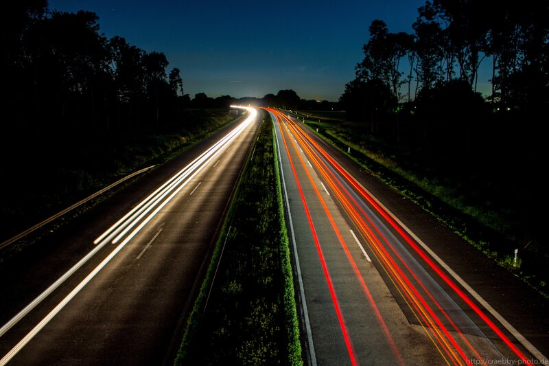 Highway at Night — Black, Dark, Photograph, Car Lights, Trees