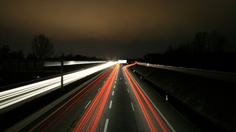 Highway at Night — Black, Dark, Photograph, Cars, Light Trails, Trees
