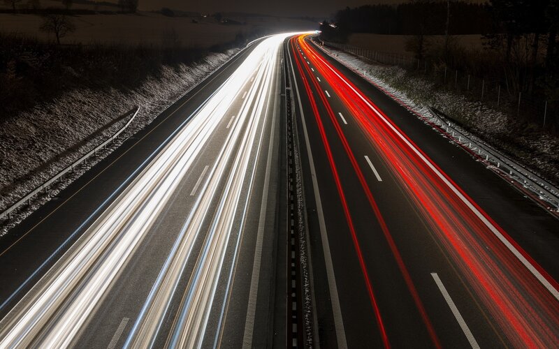 Highway at Night — Black, Dark, Photograph, Cars, Snow