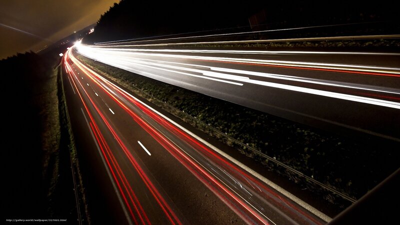 Highway at Night — Black, Dark, Photograph, Lights, Road, Trees