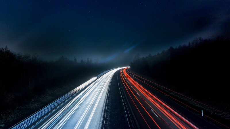 Highway at Night — Black, Dark, Photograph, Lights, Trees, Sky