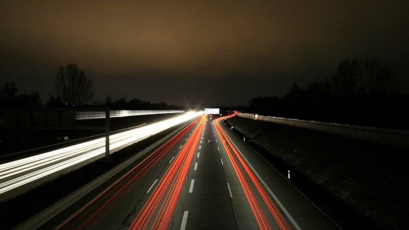 Highway at Night — Black, Dark, Photograph, Lights, Trees