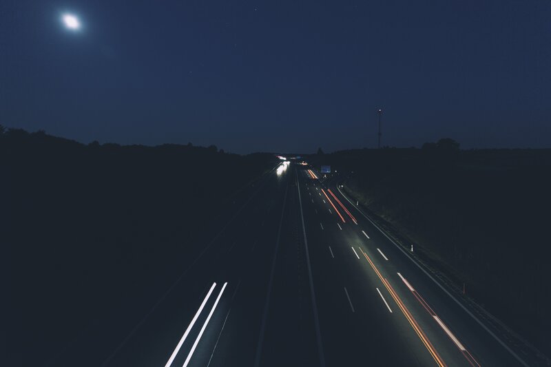 Highway at Night — Black, Dark, Photograph, Moon