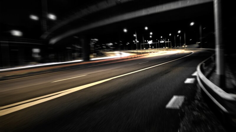 Highway at Night — Black, Dark, Photograph, Road, Lights, Guardrail, Yellow, White