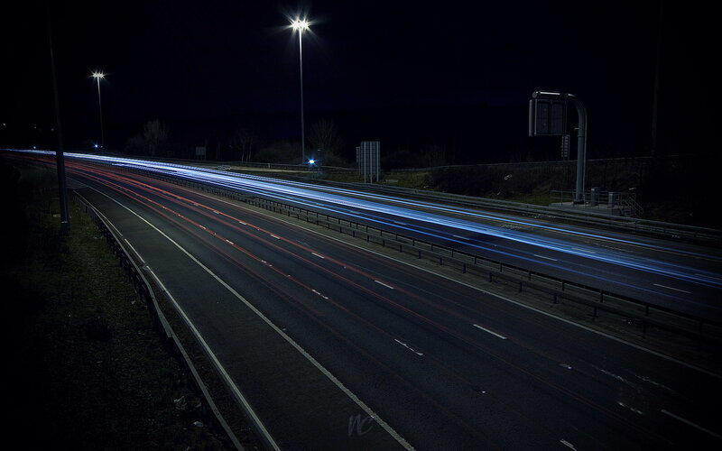 Highway at Night — Black, Dark, Photograph, Streetlights, Car Lights, Guardrail