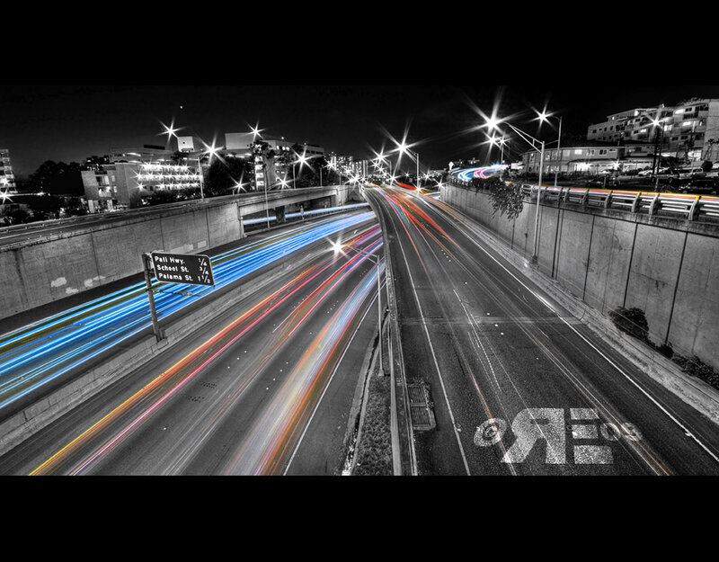 Highway at Night — Black, Dramatic, Photograph, Cars, Buildings