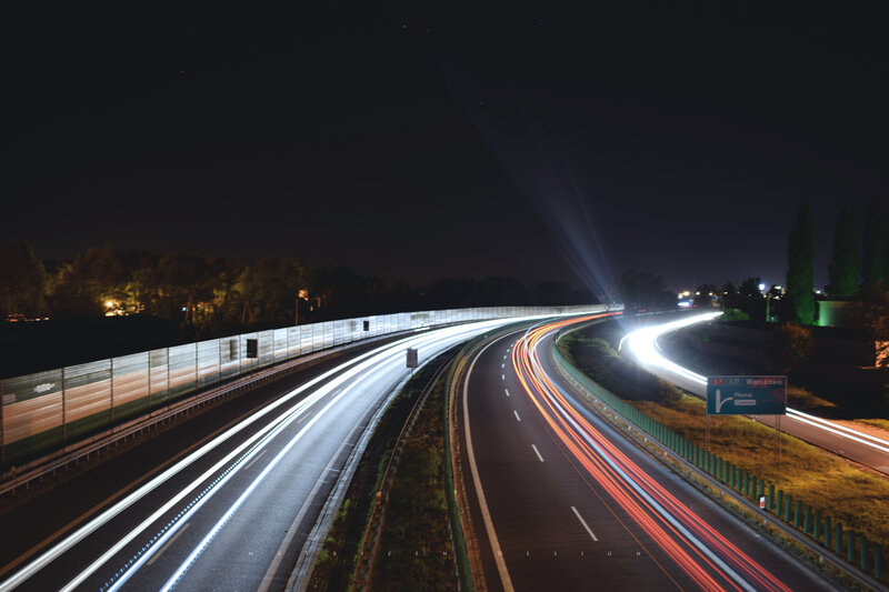 Highway at Night — Black, Dramatic, Photograph, Cars, Road Signs