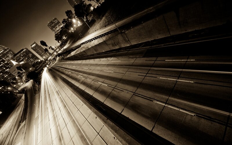 Highway at Night — Black, Dramatic, Photograph, City Skyline