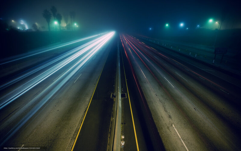 Highway at Night — Blue, Dark, Photograph