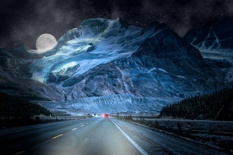 Highway at Night — Blue, Dramatic, Digital Art