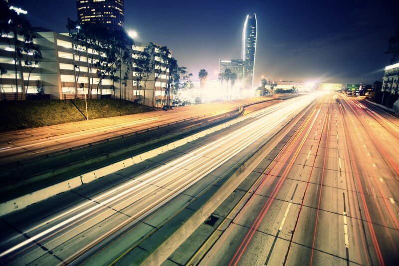 Highway at Night — Blue, Dramatic, Photograph, Buildings