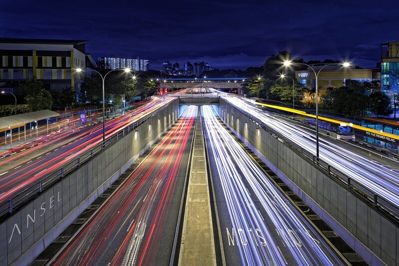 Highway at Night — Blue, Dramatic, Photograph, Cars