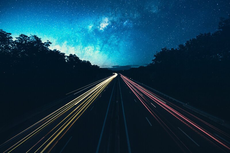 Highway at Night — Blue, Serene, Photograph