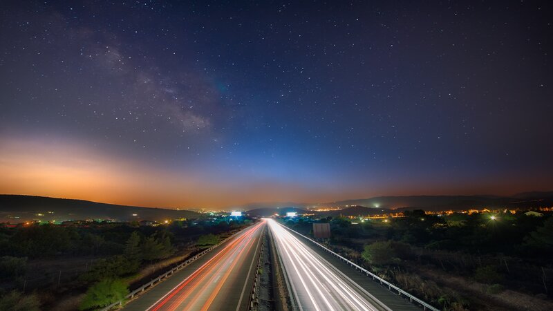 Highway at Night — Dark Blue, Serene, Photograph, Stars, Milky Way