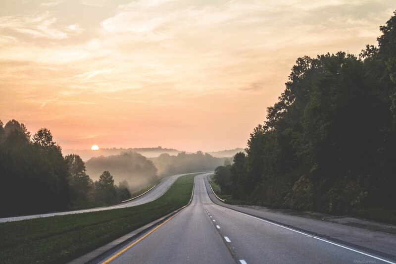 Highway at Sunrise — Orange, Serene, Photograph