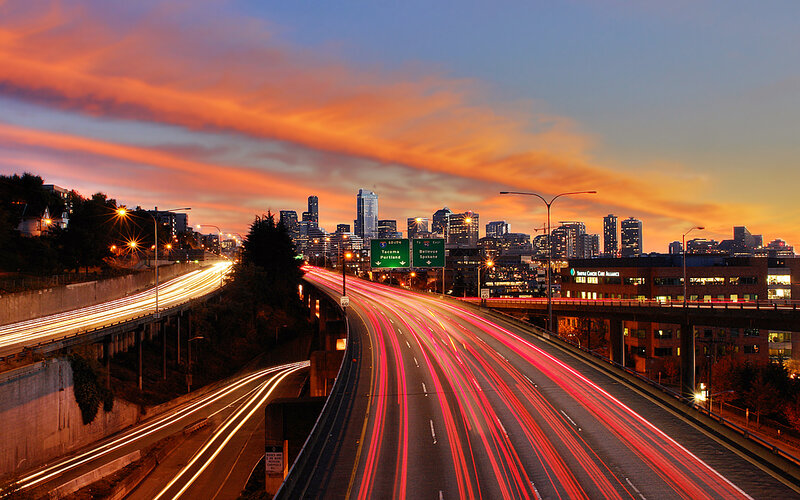 Highway at Sunset — Orange, Dramatic, Photograph, City Skyline