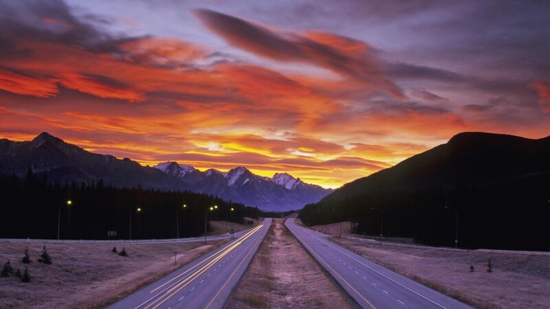Highway at Sunset — Orange, Dramatic, Photograph, Mountains, Forest