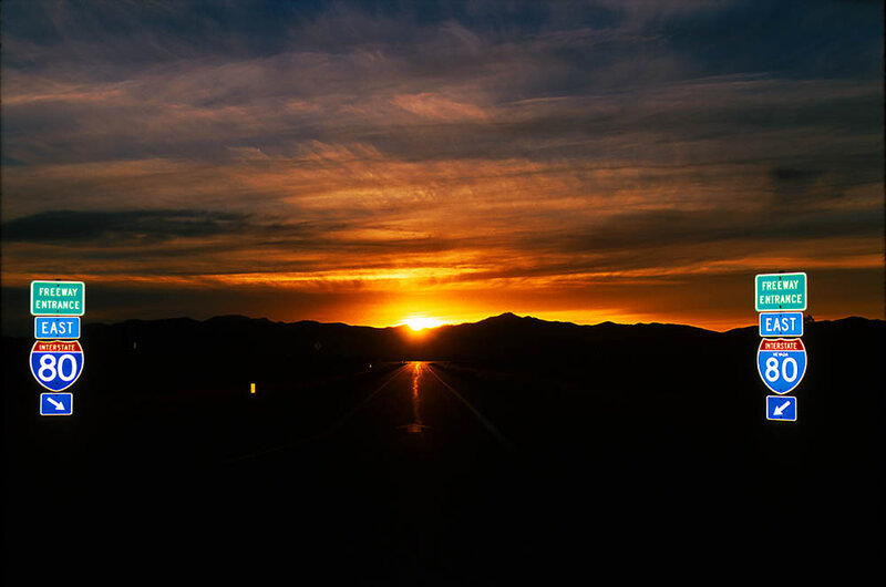 Highway at Sunset — Orange, Dramatic, Photograph, Mountains