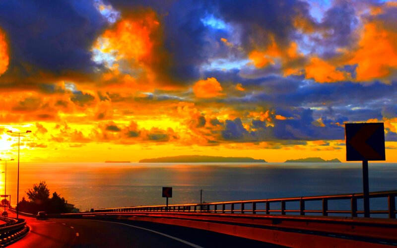 Highway at Sunset — Orange, Dramatic, Photograph, Ocean
