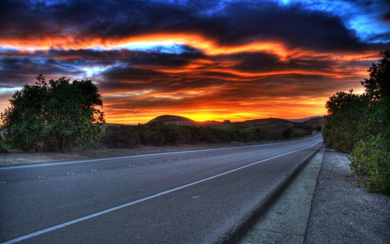 Highway at Sunset — Orange, Dramatic, Photograph, Road, Hills