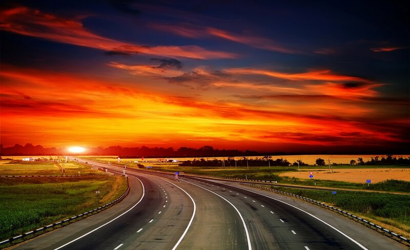 Highway at Sunset — Orange, Dramatic, Photograph, Road, Sky, Fields