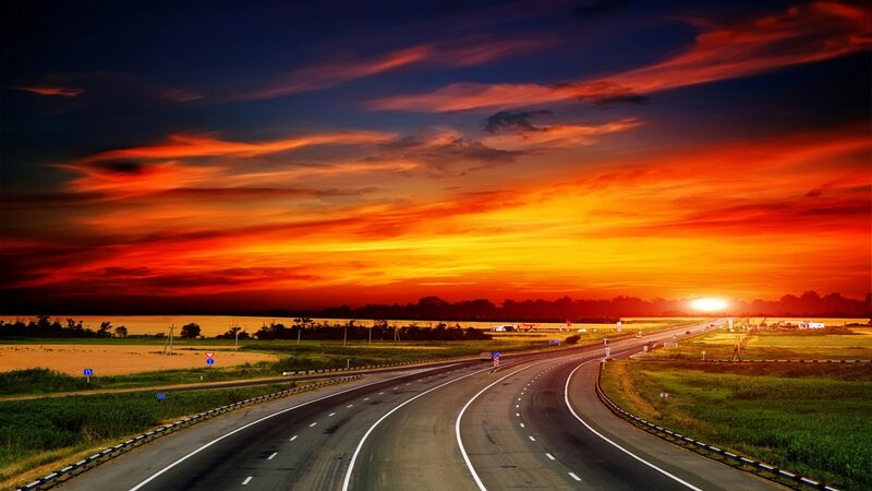 Highway at Sunset — Orange, Dramatic, Photograph, Road, Sky, Fields, Trees, Red, Blue