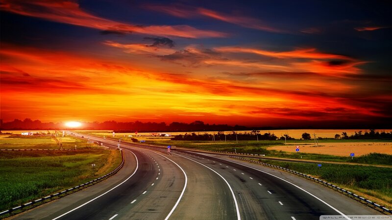 Highway at Sunset — Orange, Dramatic, Photograph, Road, Sky, Fields, Trees