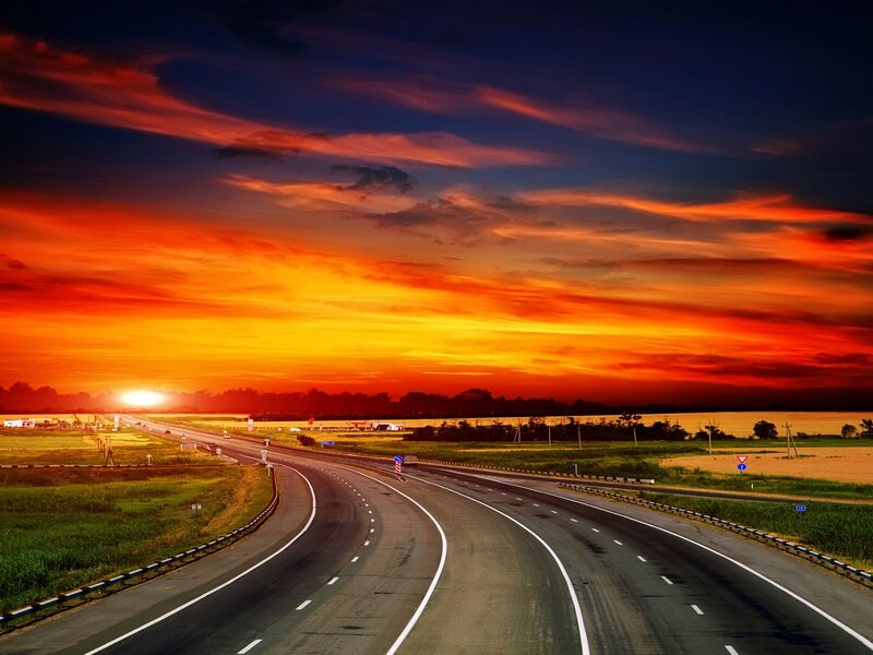 Highway at Sunset — Orange, Dramatic, Photograph, Road, Sky