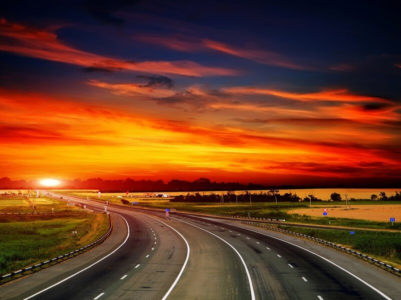 Highway at Sunset — Orange, Dramatic, Photograph, Road