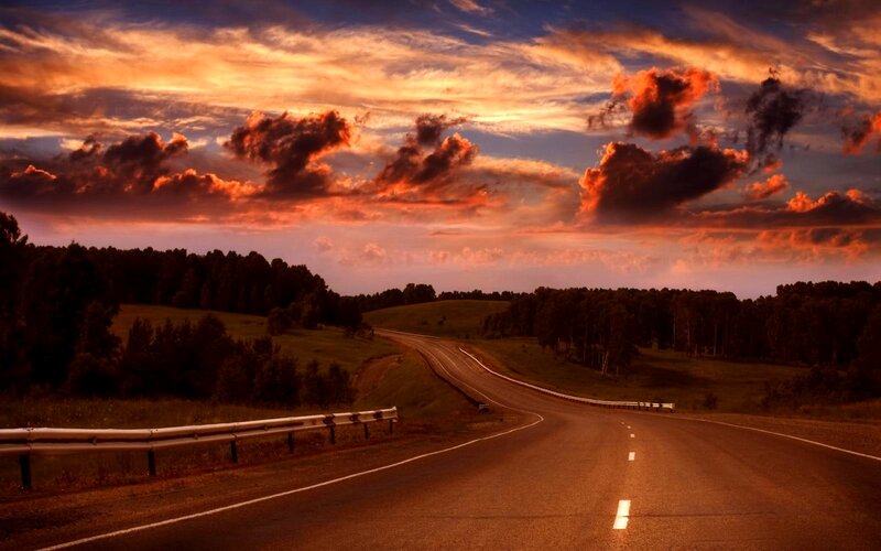 Highway at Sunset — Orange, Dramatic, Photograph, Road, Trees, Clouds