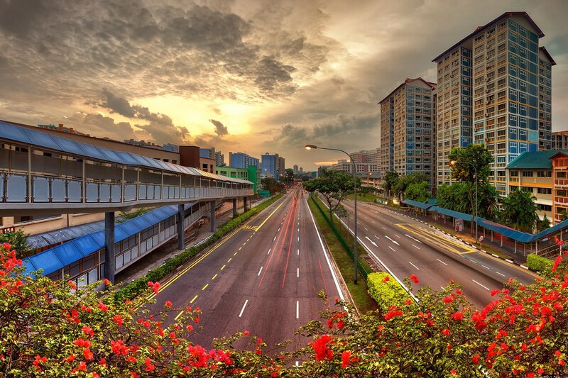 Highway at Sunset — Orange, Dramatic, Photograph, Skyscrapers