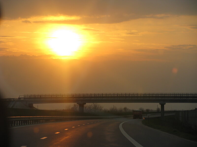Highway at Sunset — Orange, Dramatic, Photograph, Sun, Bridge
