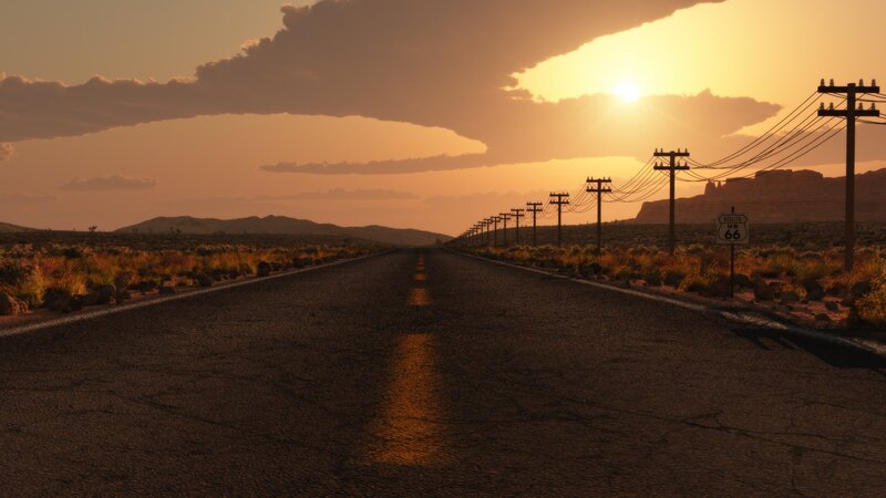 Highway at Sunset — Orange, Serene, 3d Render, Power Lines