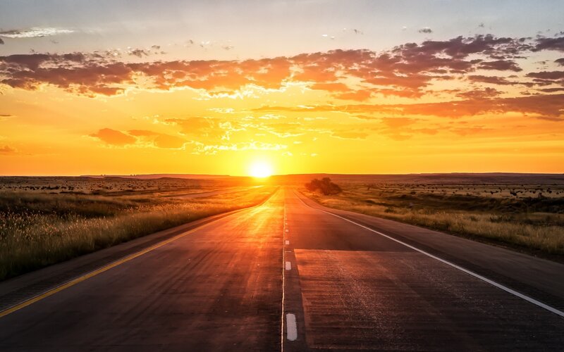 Highway at Sunset — Orange, Serene, Photograph, Sun, Clouds
